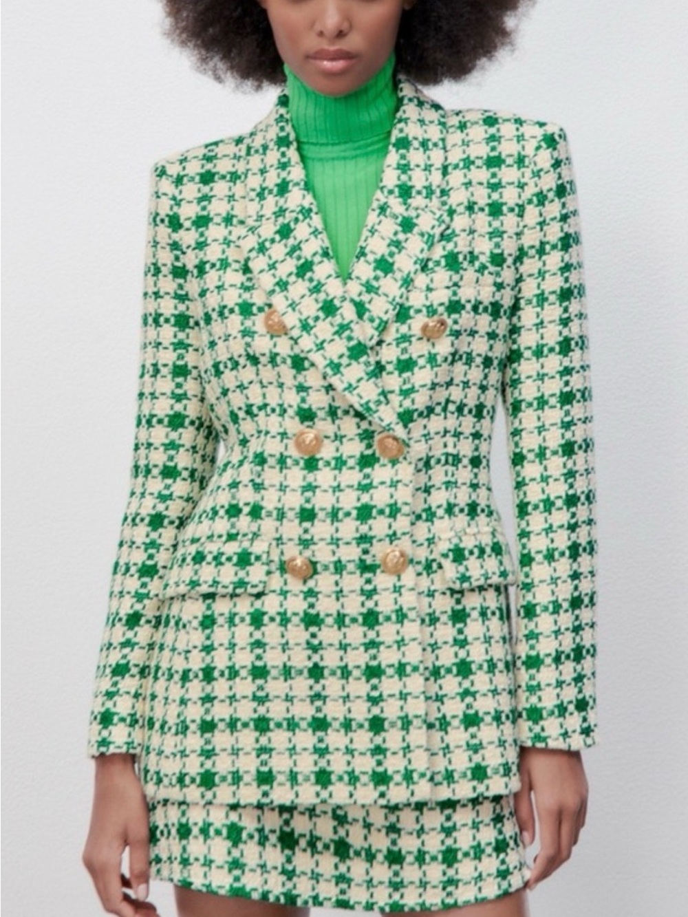 Zara Green & Cream Houndstooth Tweed Double-Breasted Blazer NWT
